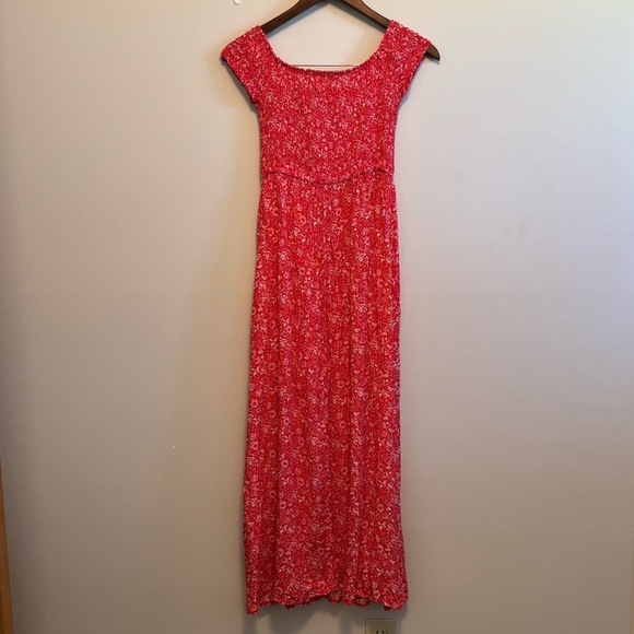 APRICOT Floral Flowy Lightweight Cap Sleeve Slit Maxi Sundress Dress Red White - Picture 7 of 11